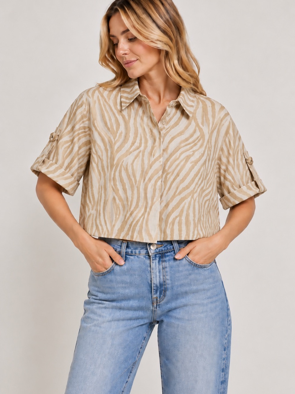 Linen blend, Michael Coles NWT Cropped Oversized Zebra Print Linen Blend Shirt S